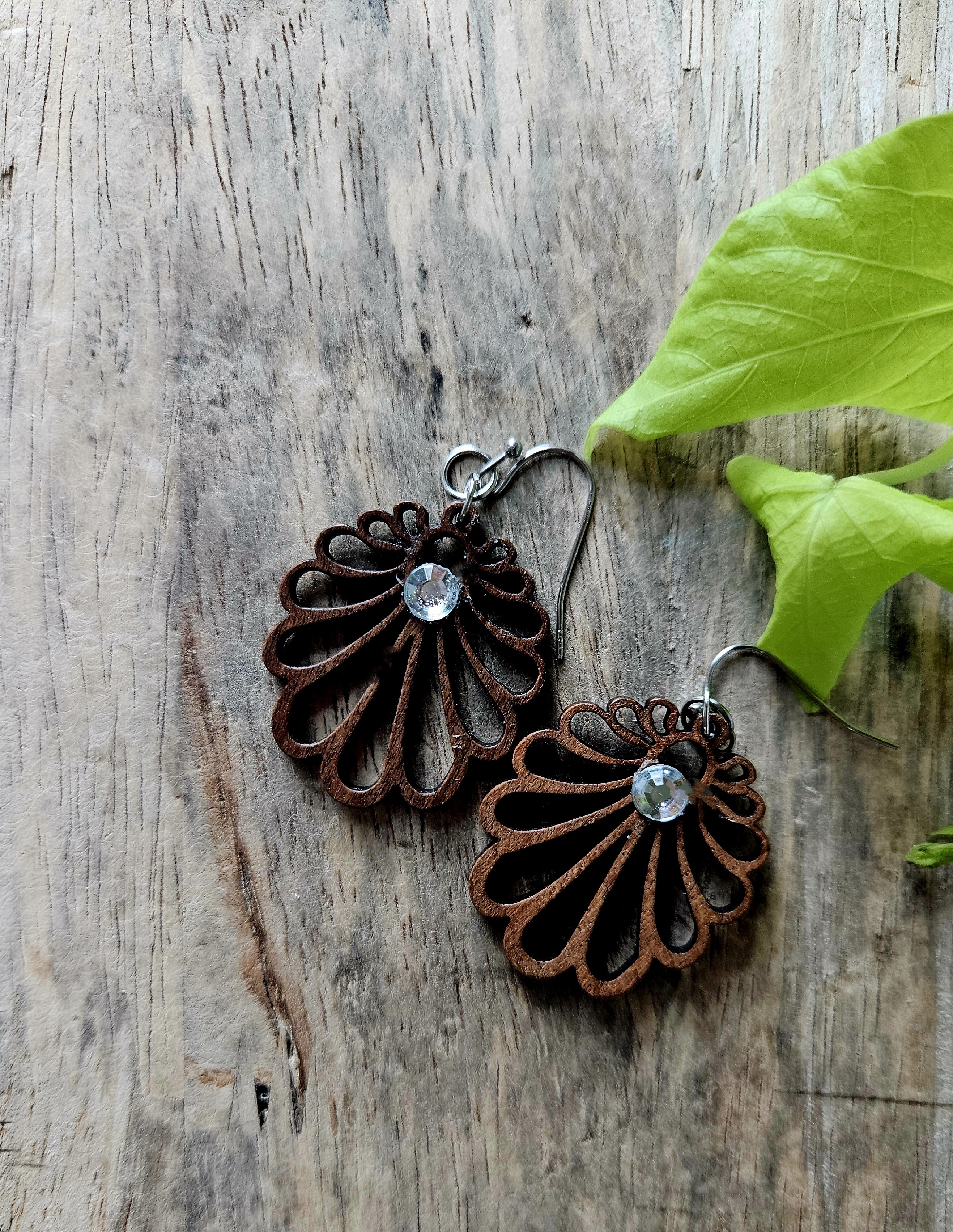 Walnut Wood Earrings - "Bloom Bling" 