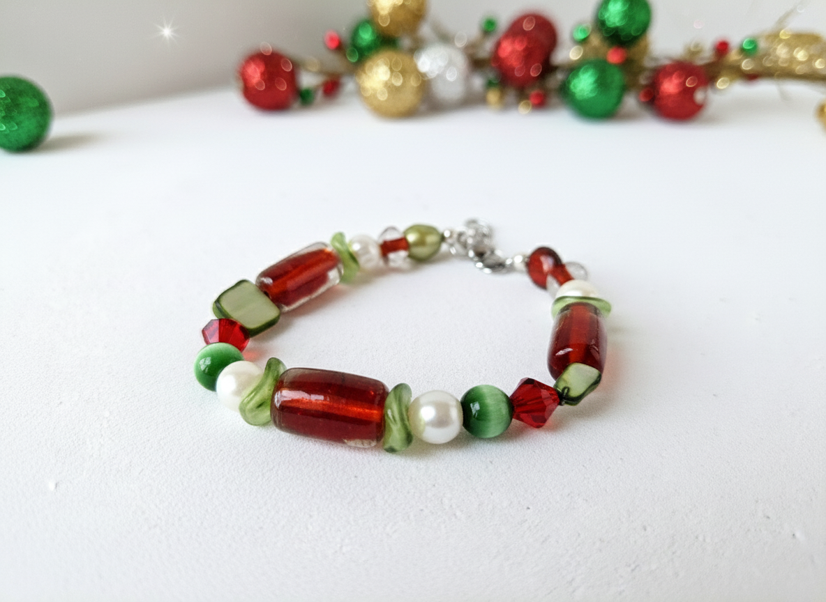 Red Green White Holiday Bracelet - "Christmas Candy"