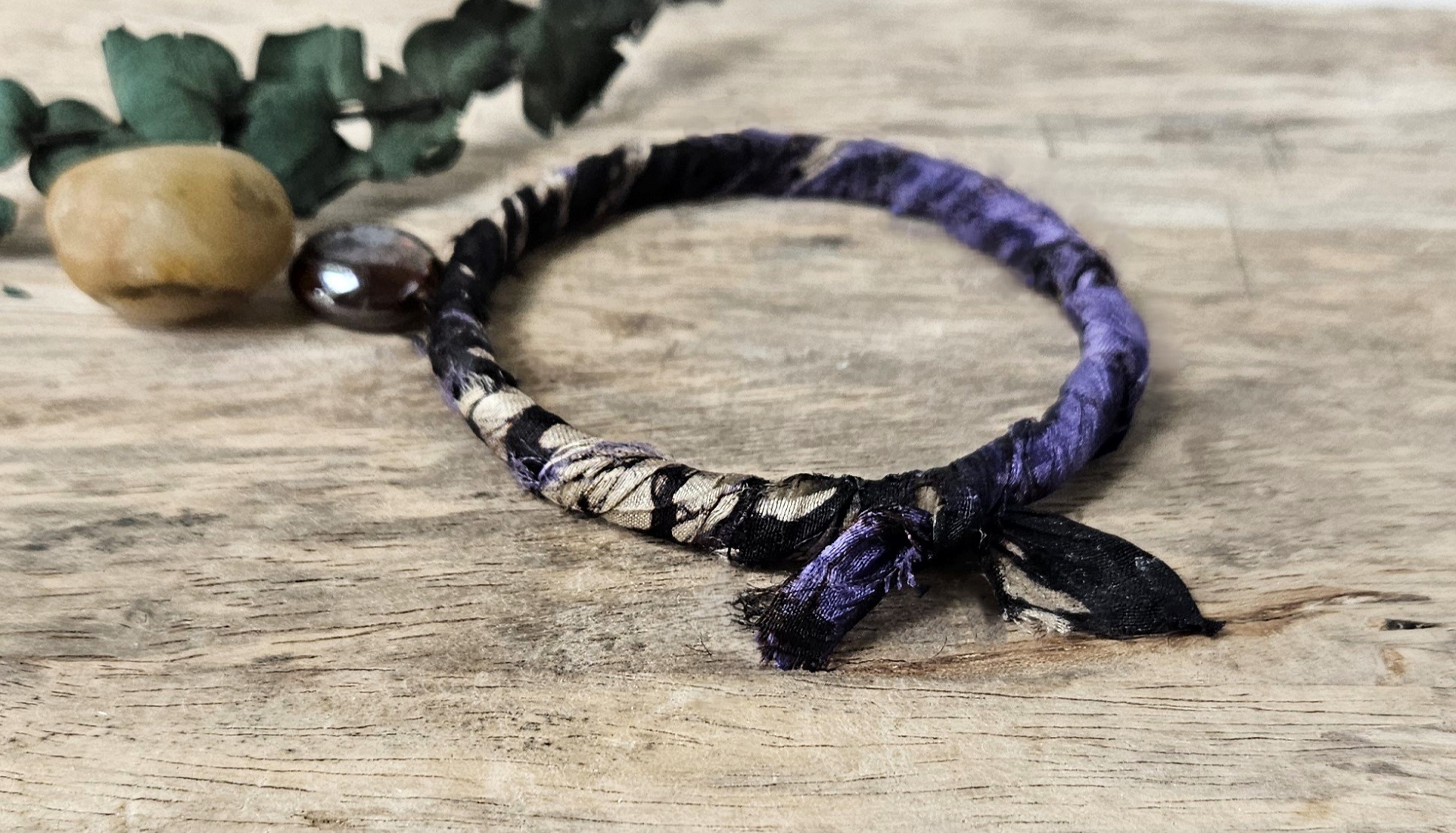 Silk Fabric Bangle Bracelet - "Grapevine" 