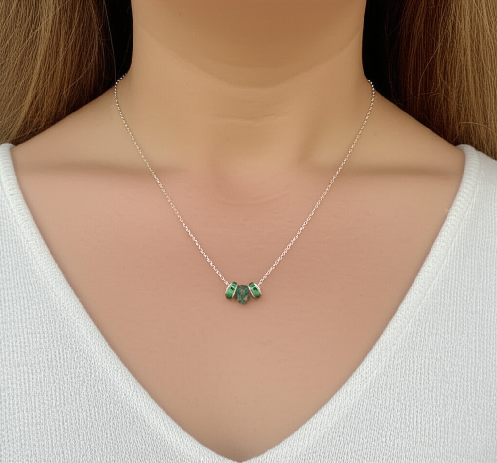 Green, White & Lavender Glass & Sterling Silver Necklace - 3 WISHES
