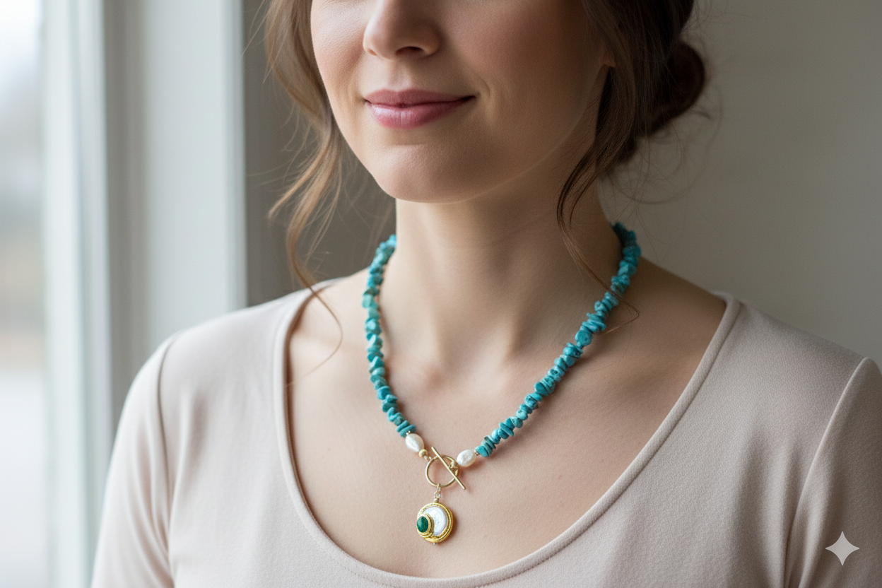 Pearl, Gold, and Turquoise Necklace - SARAH'S CIRCLE