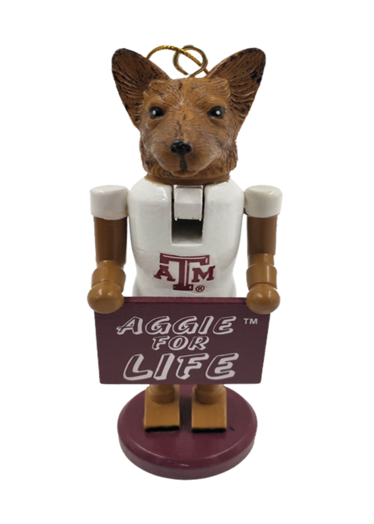 Texas A&M Aggies Mascot Nutcracker Ornament with Sign "Aggies for Life"