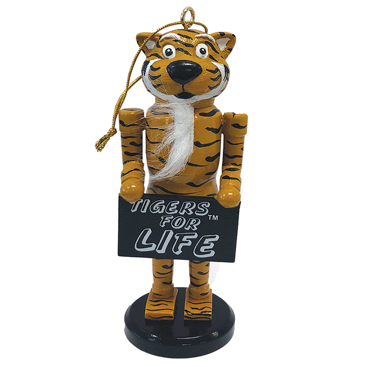 Missouri Tigers Mascot Nutcracker Ornament Holding Sign "Tigers for Life"