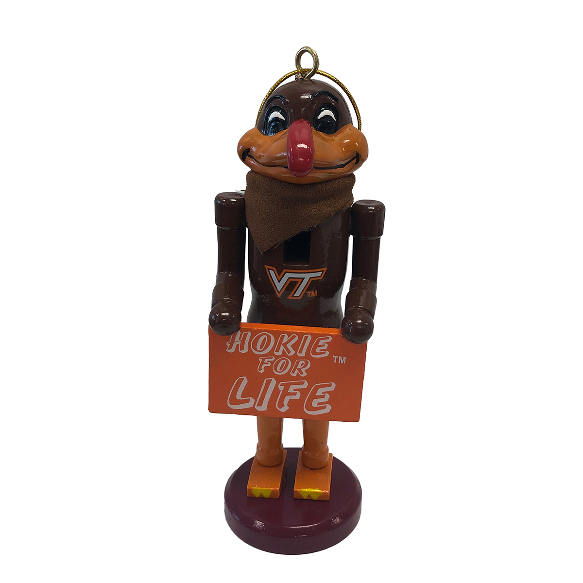 Virginia Tech Hokie Bird Nutcracker Ornament with Sign "Hokies For Life"
