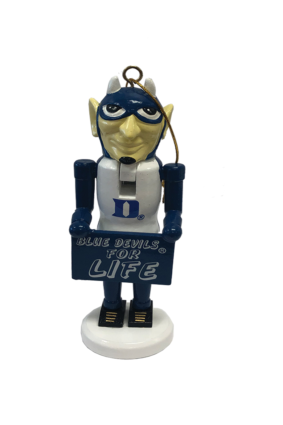 Duke Mascot Nutcracker Ornament with Sign "Blue Devils for Life"