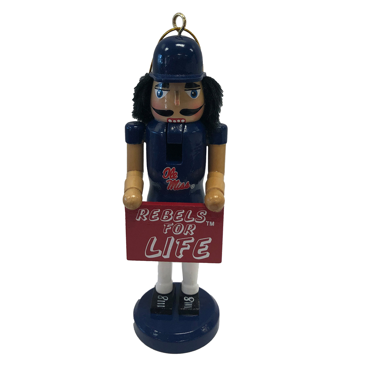 Ole Miss Rebel Mascot Nutcracker Ornament with Sign "Rebels for Life"
