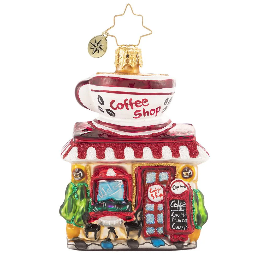 Christopher Radko Christmas Ornament Coffee Shop "Wake Up and Smell The Coffee" Gem 