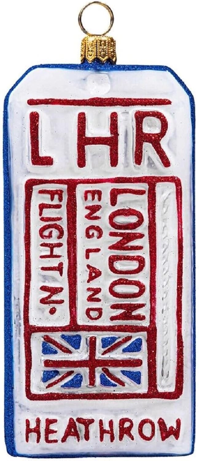 London Heathrow Luggage Baggage Tag Glass Ornament by Joy to the World Collectibles