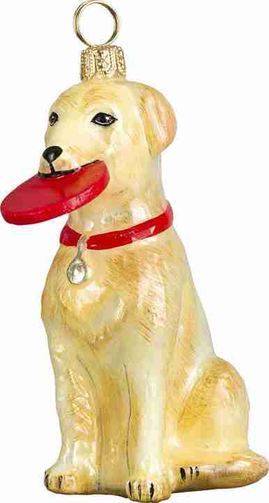Yellow Labrador Retriever with Flying Disc Glass Dog Ornament by Joy to the World Collectibles