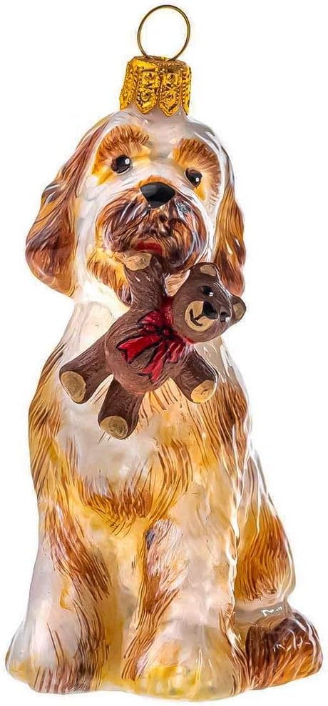 Goldendoodle with Teddy Bear Glass Dog Christmas Ornament by Joy to the World Collectibles