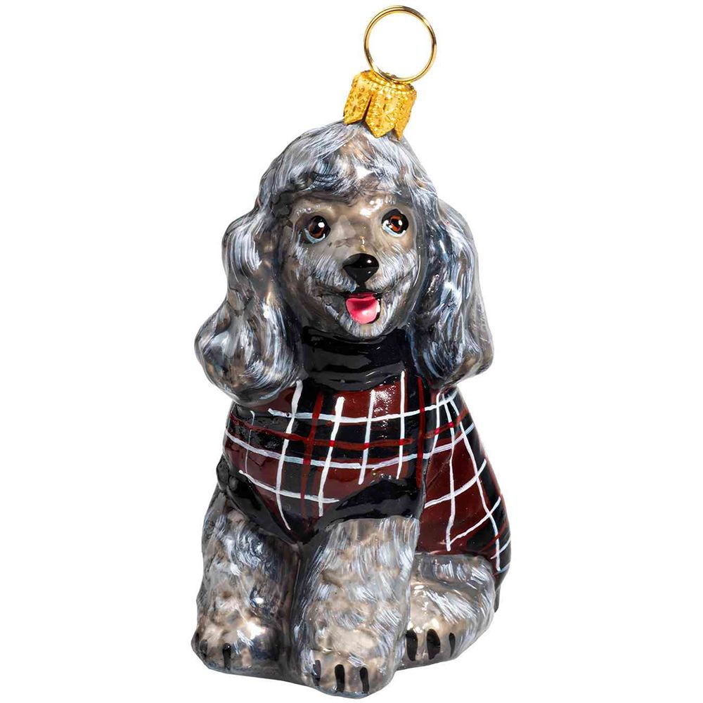 Grey Poodle in Checked Sweater Glass Dog Christmas Ornament by Joy to the World Collectibles