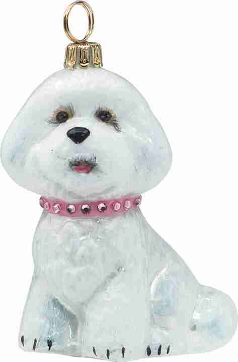 Bichon Frise with Pink Jeweled Collar White Glass Dog Ornament by Joy to the World Collectibles