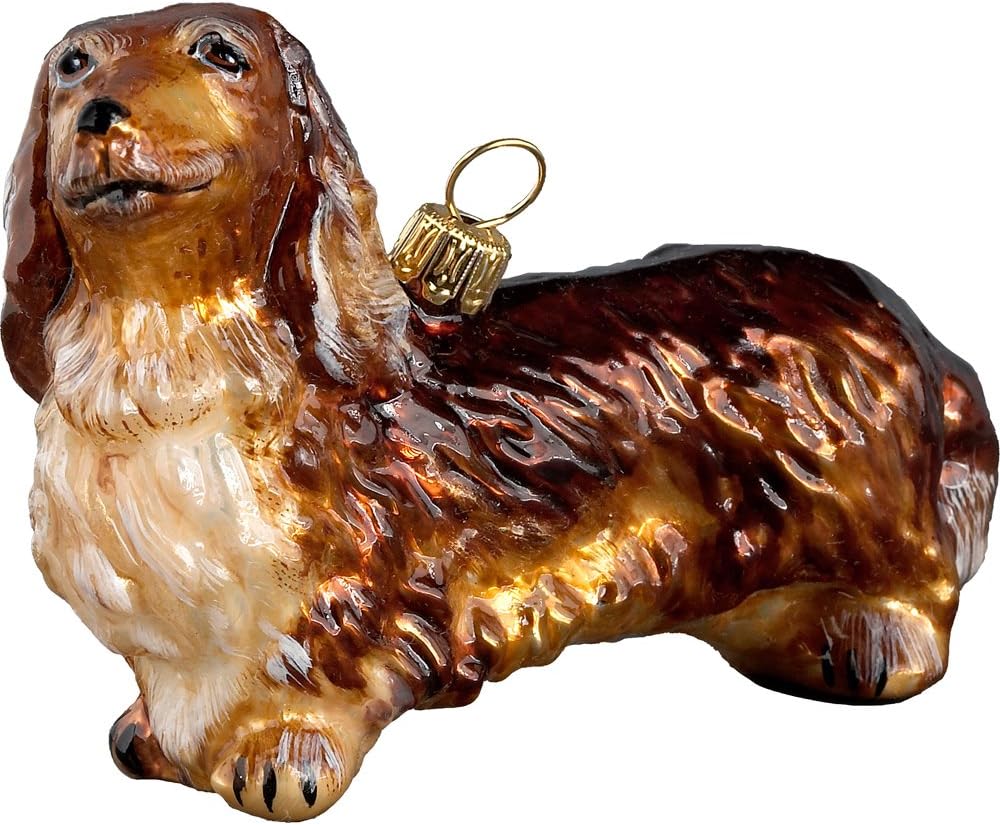 Dachshund Long Haired Red Glass Dog Christmas Ornament by Joy to the World Collectibles