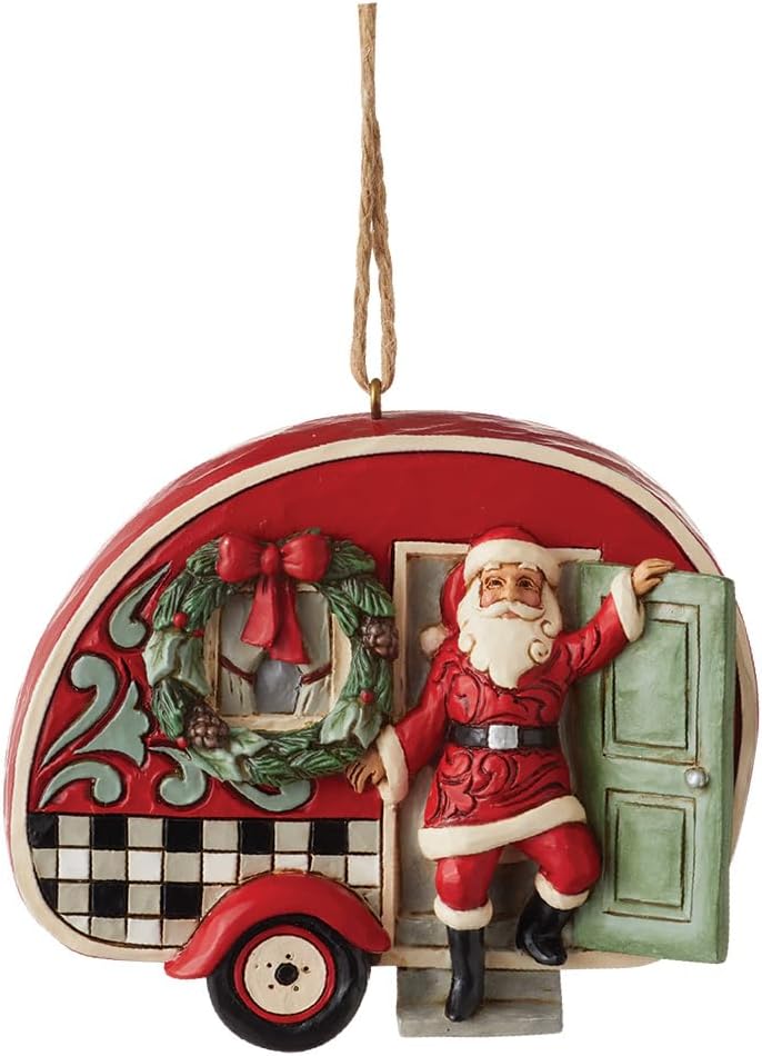 Highland Glen Santa in Plaid Camper Hanging Christmas Ornament