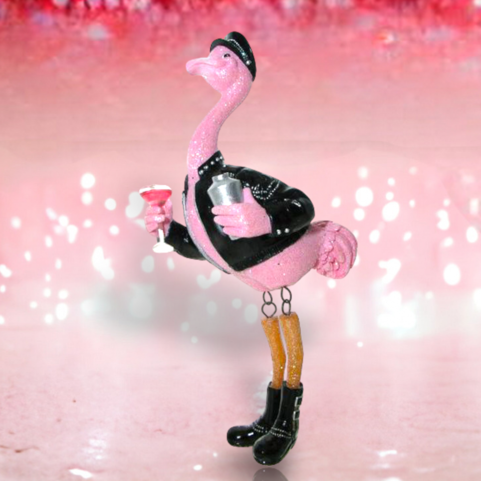 "Leather" Pink Flamingo Bartender Figurine by December Diamonds