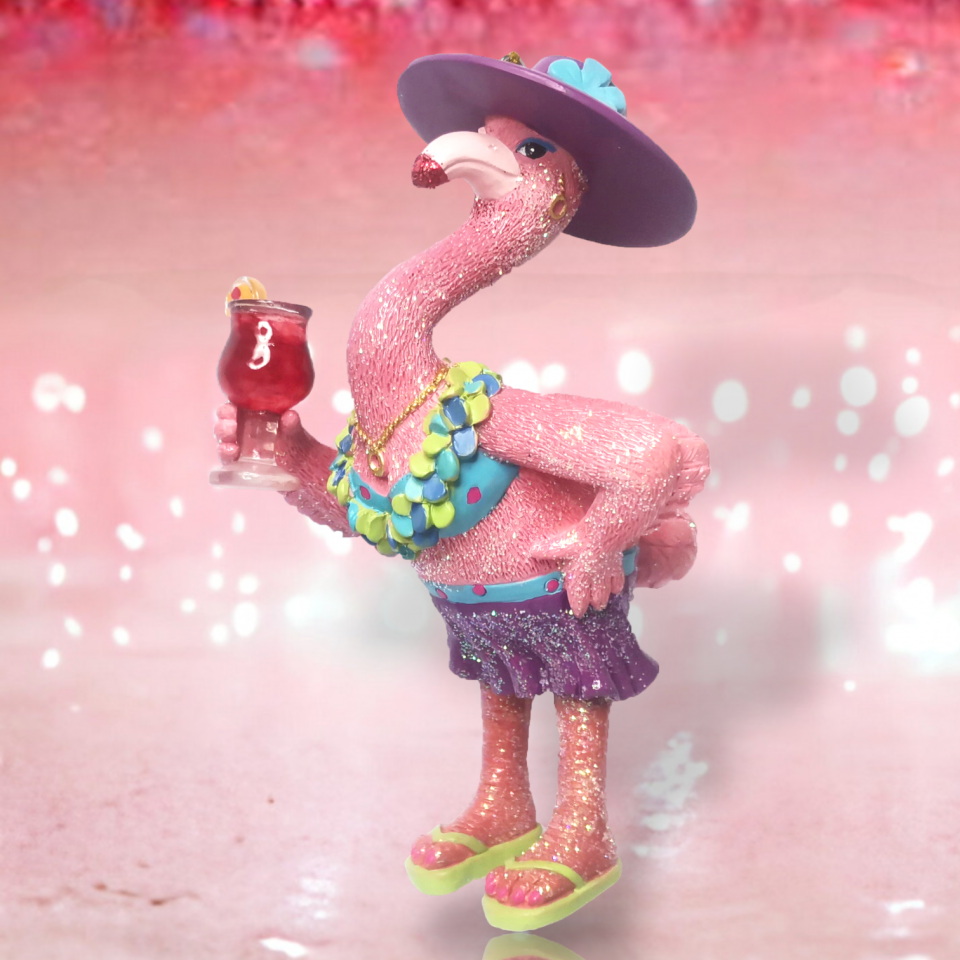 "Holiday" Flamingo Figurine with Cocktail Christmas Ornament by December Diamonds