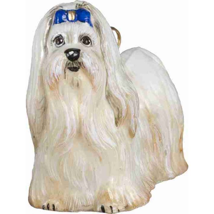 Maltese with Blue Bow White Dog Figurine Glass Christmas Ornament by Joy to the World Collectibles