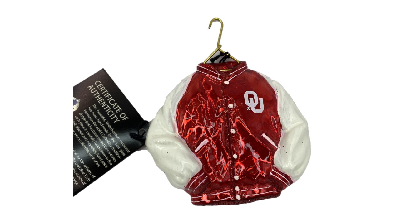 Oklahoma Sooners Varsity Jacket Glass Christmas Ornament