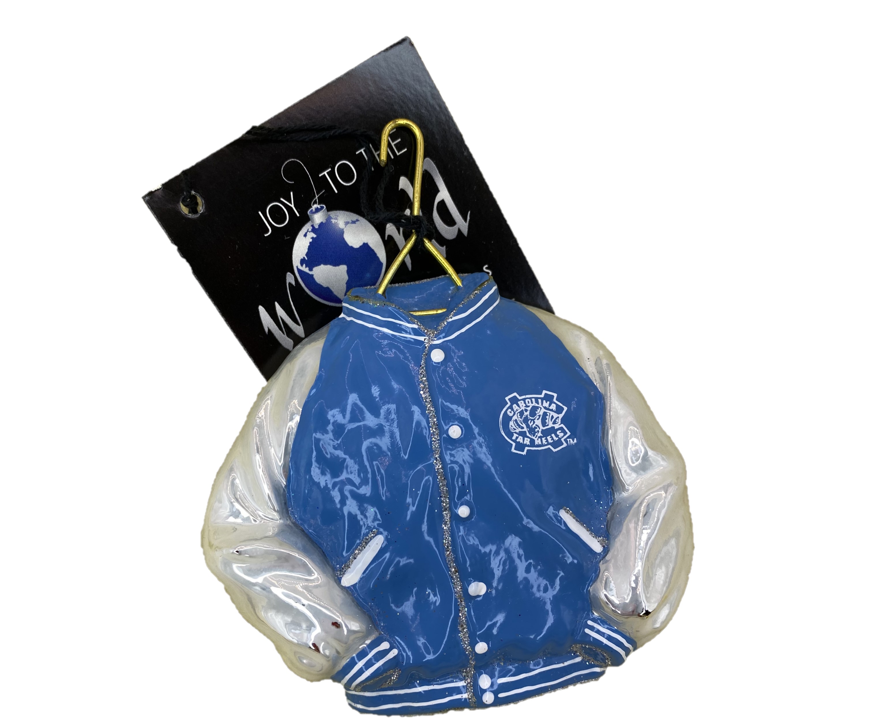 North Carolina University Blue and White Varsity Jacket Glass Christmas Ornament