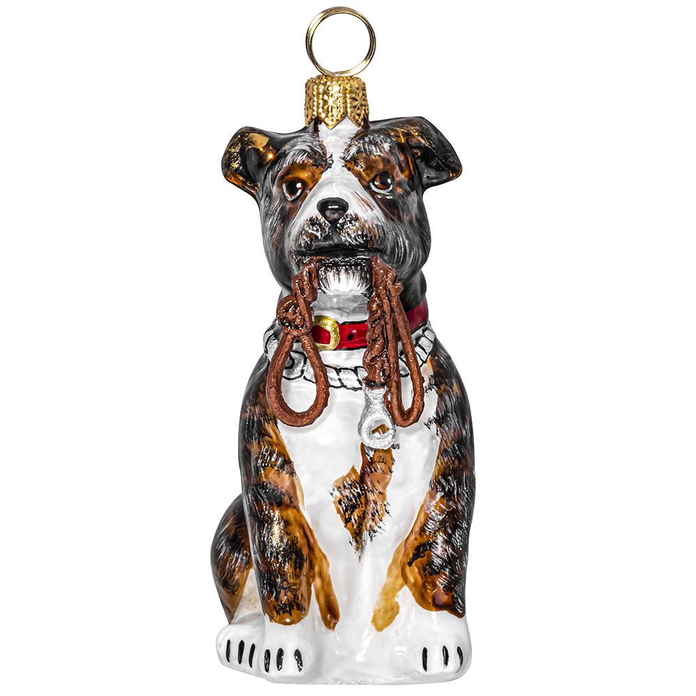 American Staffordshire Brindle with Leash Glass Dog Christmas Ornament 