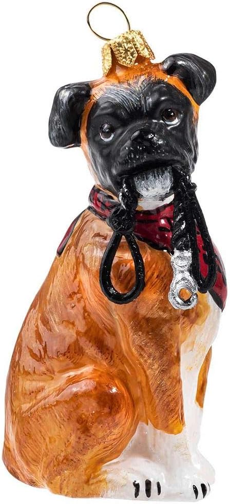 Boxer with Leash & Bandana Glass Dog Christmas Ornament