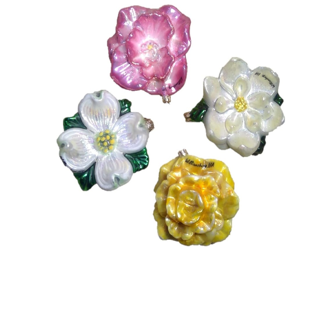 European Handmade Glass Floral Collection   Dogwood Camellia Rose Azalea Set of Four 