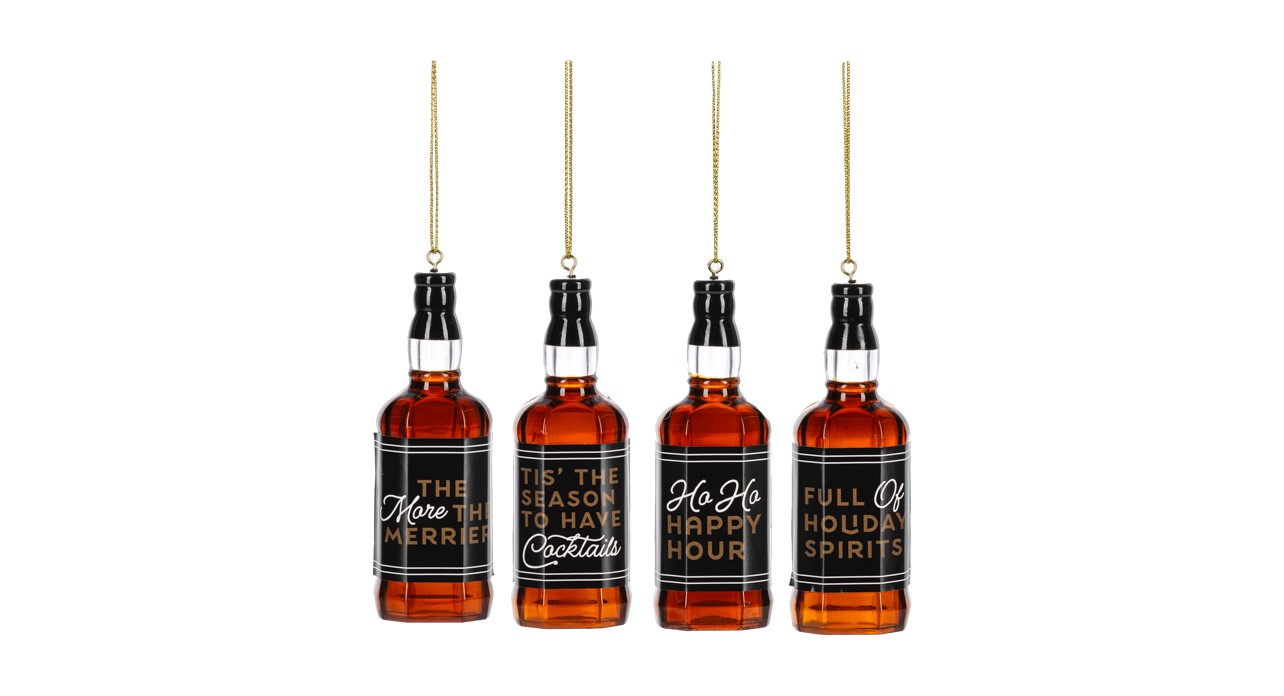 Holiday Bourbon Whiskey Bottle Christmas Ornaments (Set of 4)