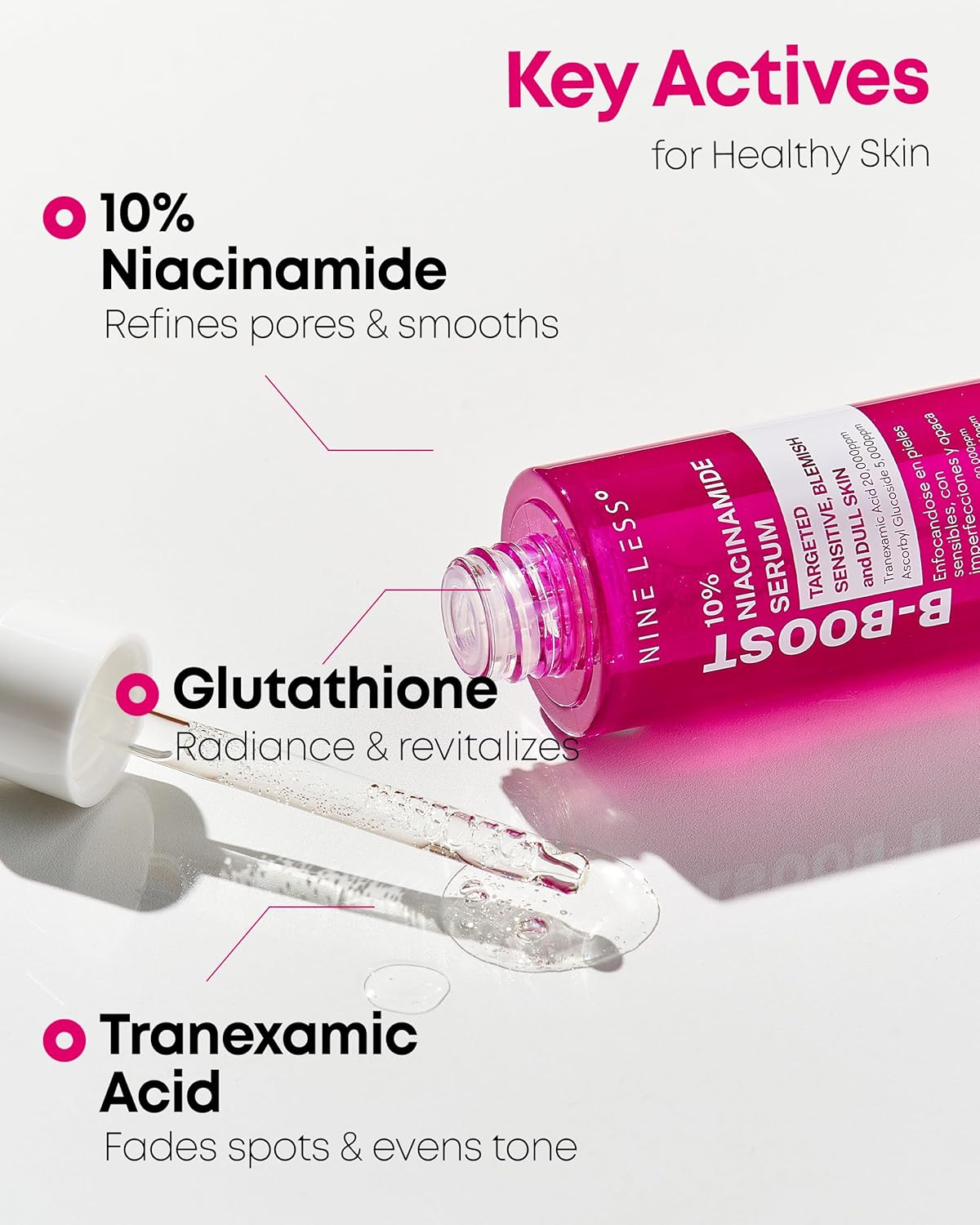 NINELESS B-Boost 10% Niacinamide Serum – Korean Face Serum for Even Skin Tone – Tranexamic Acid & Glutathione – Revitalize Complexion, 1.01 fl.oz.