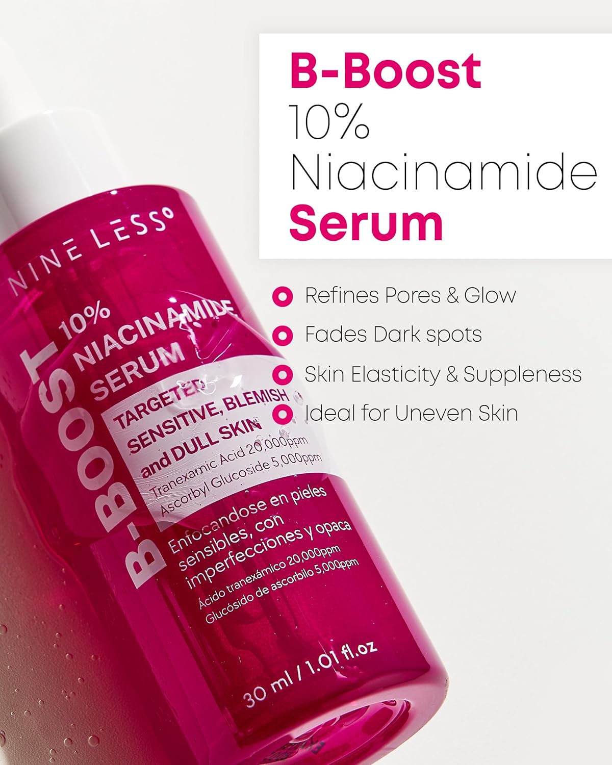 NINELESS B-Boost 10% Niacinamide Serum – Korean Face Serum for Even Skin Tone – Tranexamic Acid & Glutathione – Revitalize Complexion, 1.01 fl.oz.