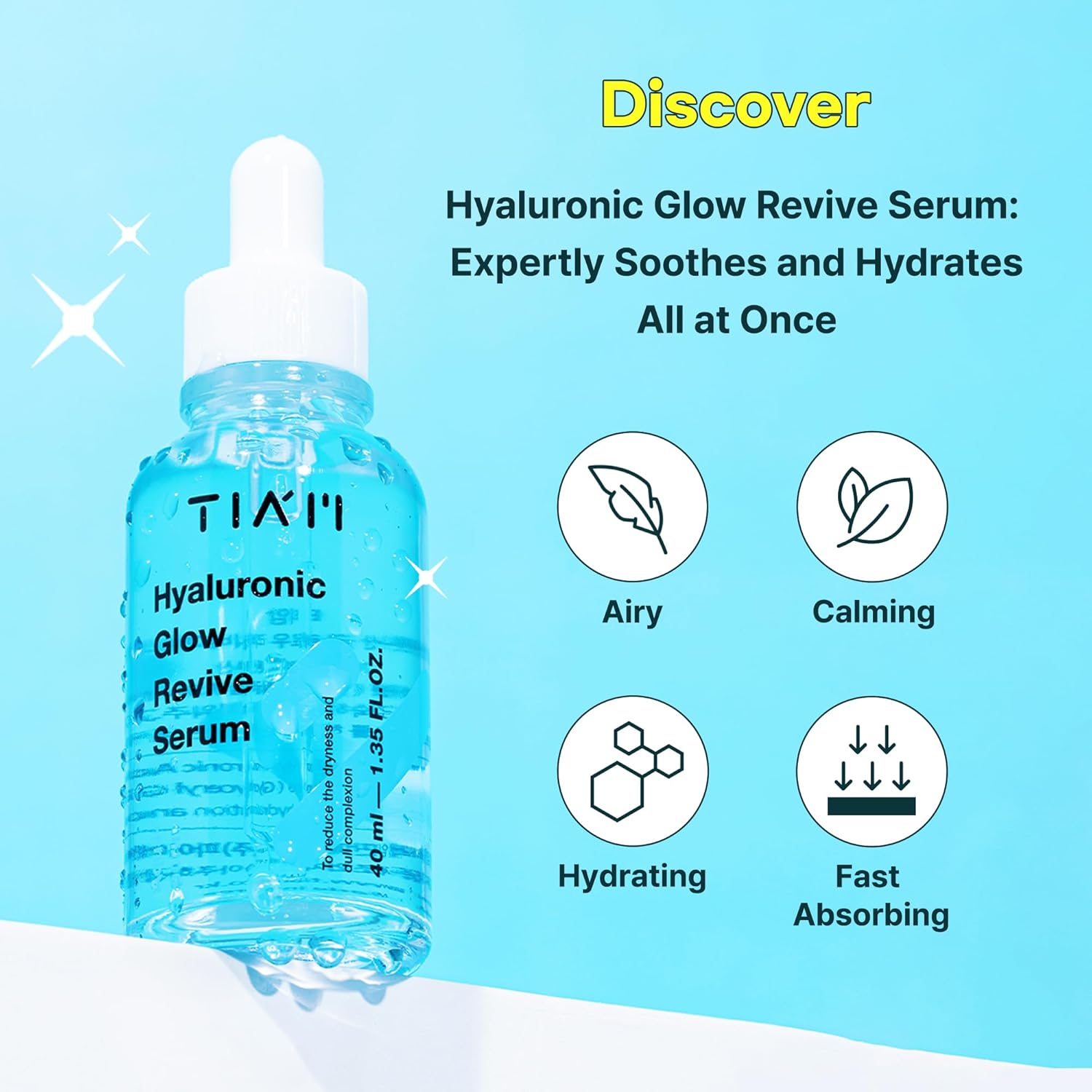 TIA'M Hyaluronic Glow Revive Serum, 1.35 fl oz, Lightweight & Non-Sticky Face Serum for Deep Hydration and Calming, Ideal for Dry, Dehydrated Skin, Korean Skin Care