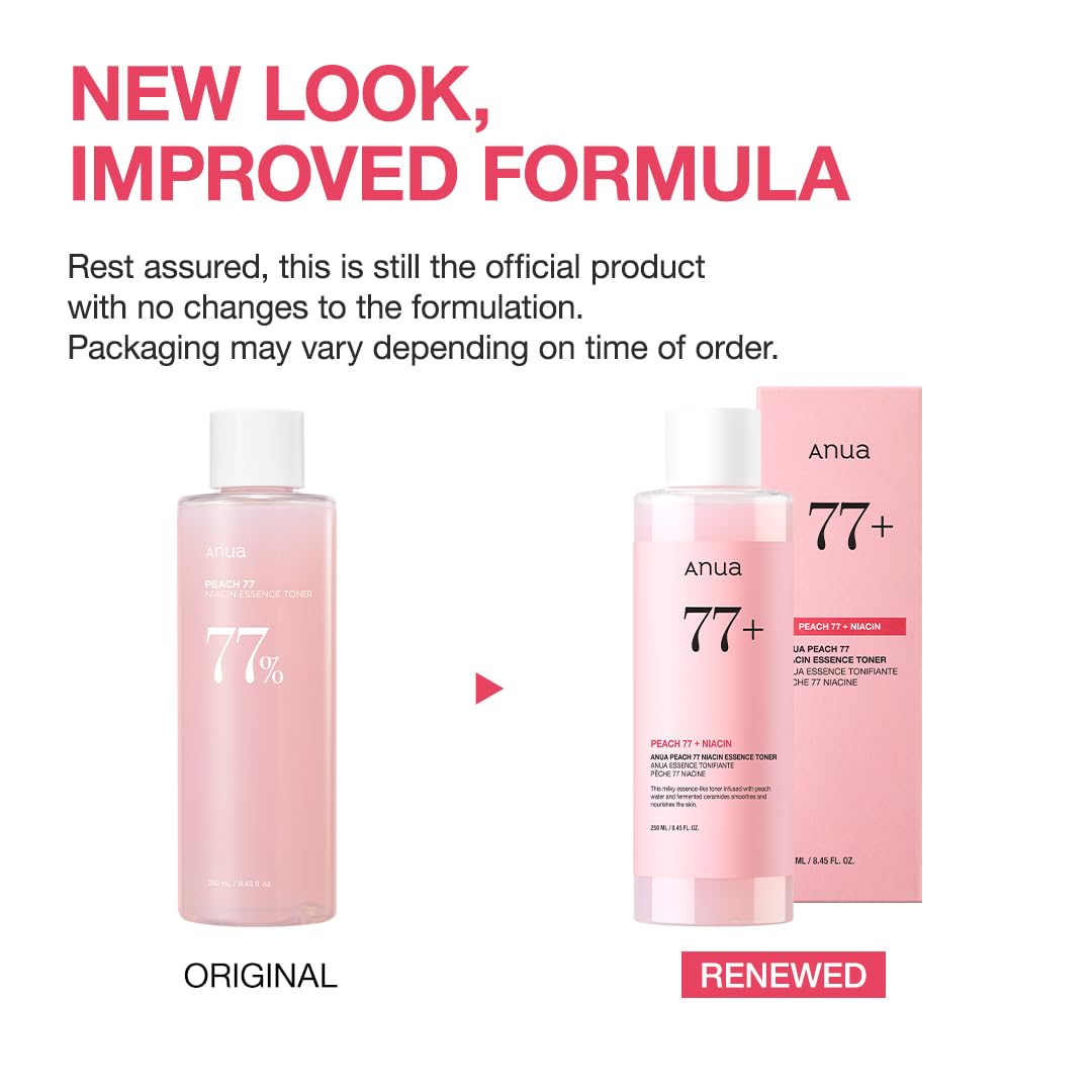 Anua Peach 77 Niacin Essence Toner, Gentle Exfoliating & Radiant Facial Essence, Hydrating & Soothing Toner, Niacinamide, Ceramide, Panthenol, Makeup Prep for Glass Skin, Korean Skincare, 8.45 fl oz