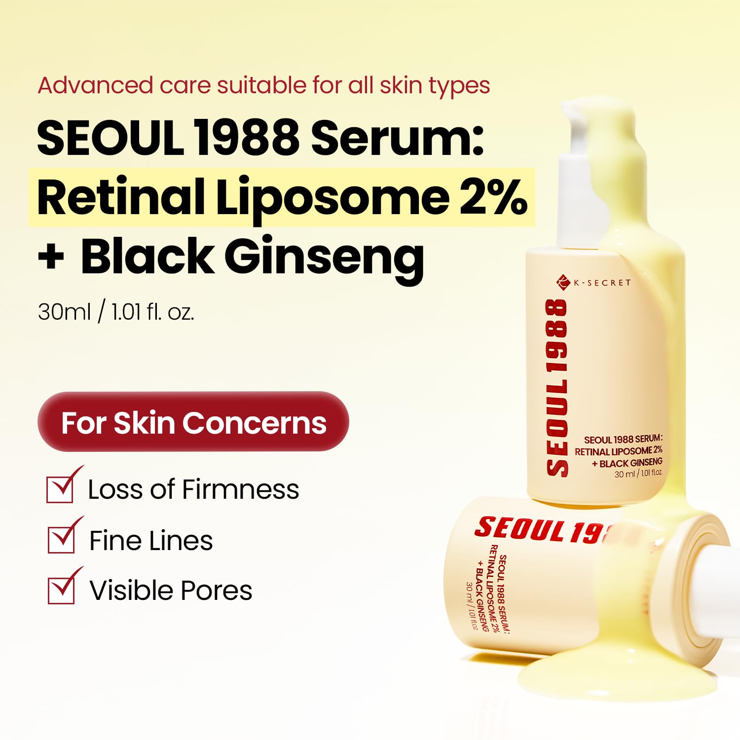 K-SECRET SEOUL 1988 Retinal Serum | Retinal Liposome 2% for Fine Lines & Skin Texture Care | Niacinamide, Bakuchiol, and 58% Black Ginseng | Korean Skincare, 30ml / 1.01 fl oz