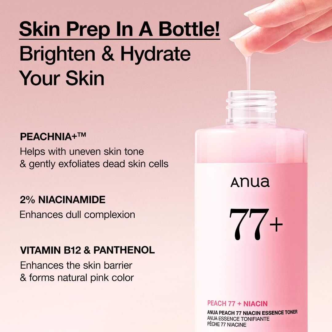 Anua Peach 77 Niacin Essence Toner, Gentle Exfoliating & Radiant Facial Essence, Hydrating & Soothing Toner, Niacinamide, Ceramide, Panthenol, Makeup Prep for Glass Skin, Korean Skincare, 8.45 fl oz