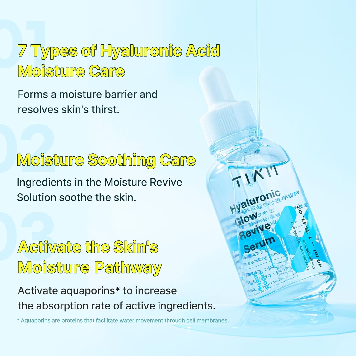 TIA'M Hyaluronic Glow Revive Serum, 1.35 fl oz, Lightweight & Non-Sticky Face Serum for Deep Hydration and Calming, Ideal for Dry, Dehydrated Skin, Korean Skin Care