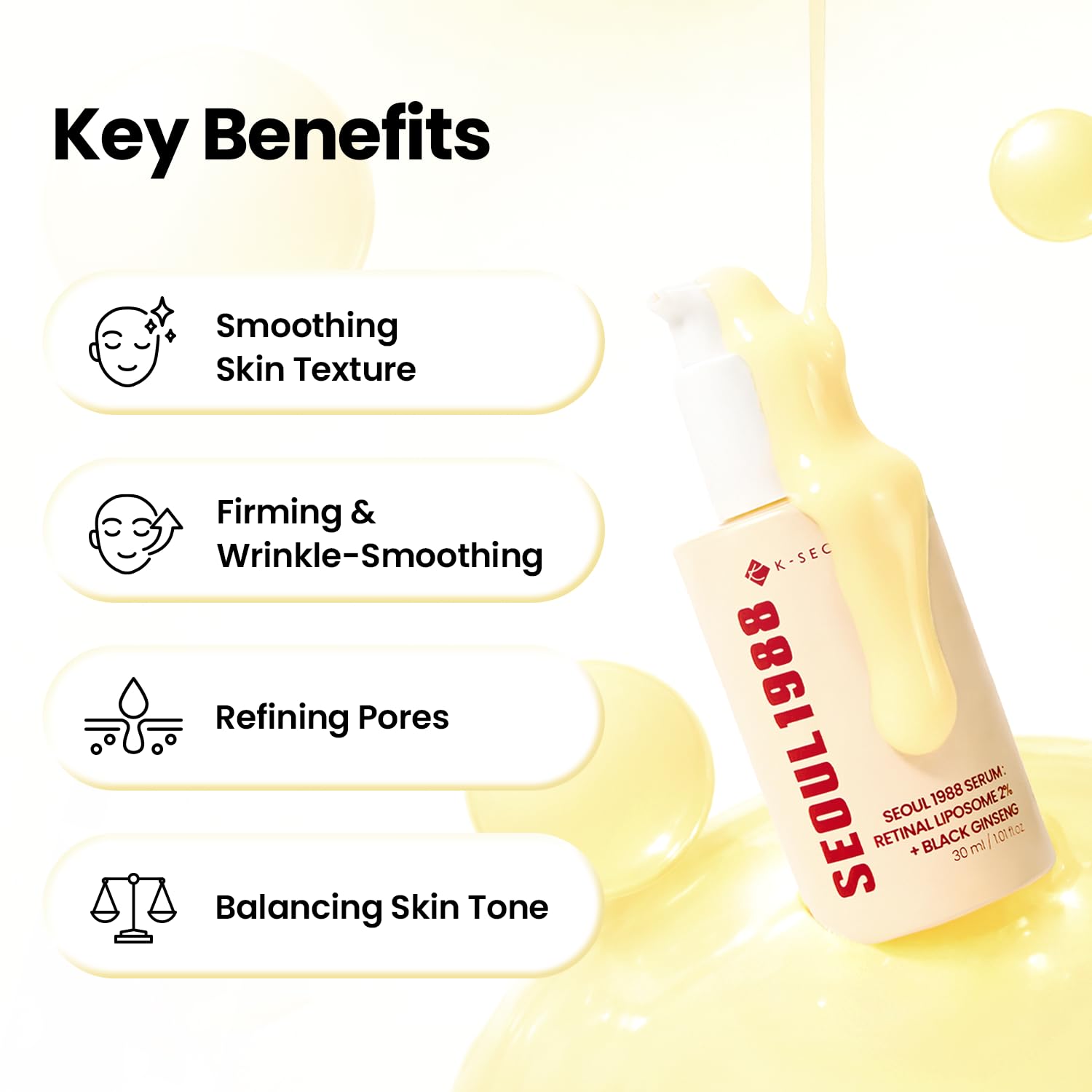 K-SECRET SEOUL 1988 Retinal Serum | Retinal Liposome 2% for Fine Lines & Skin Texture Care | Niacinamide, Bakuchiol, and 58% Black Ginseng | Korean Skincare, 30ml / 1.01 fl oz