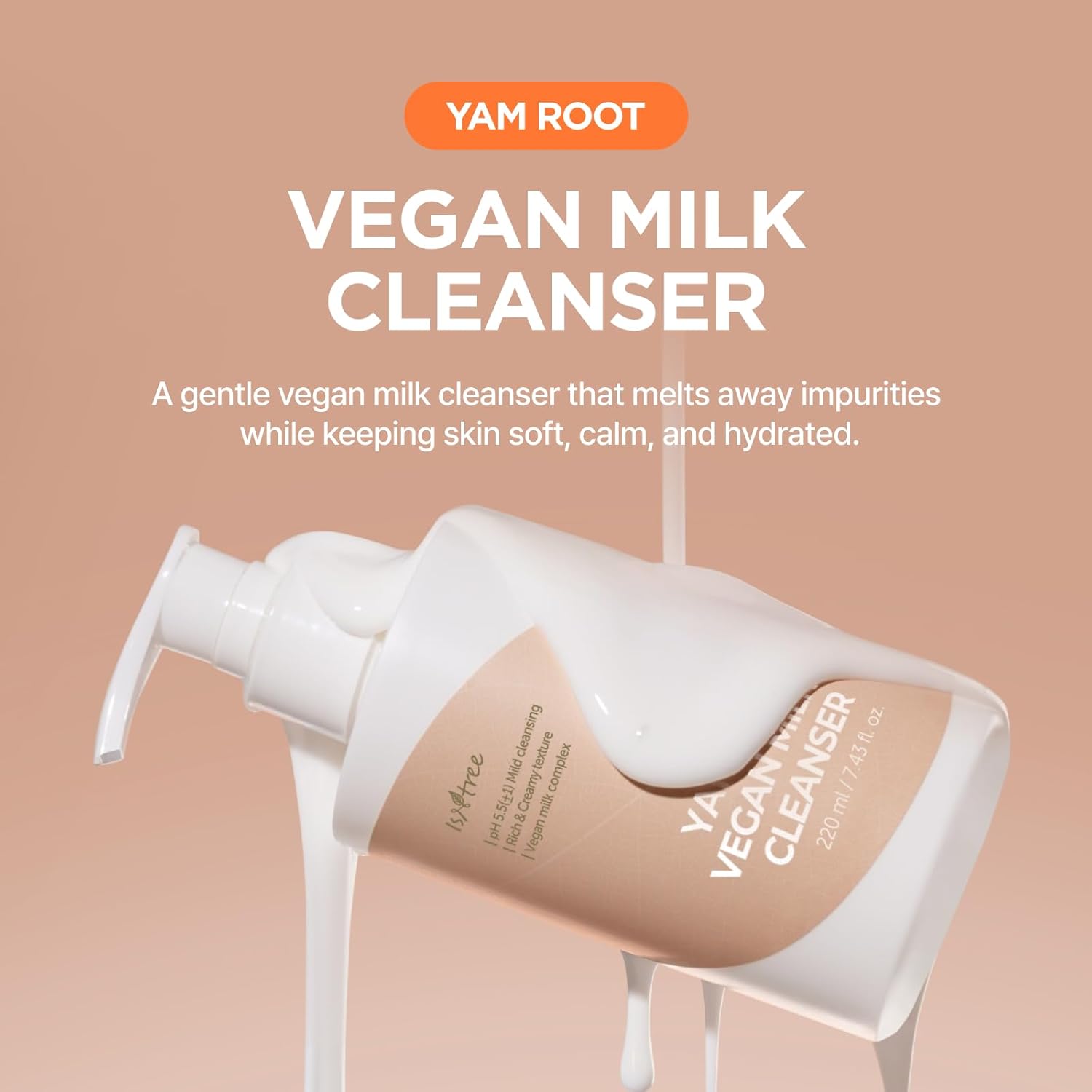 IsNtree Yam Root Vegan Milk Cleanser | Korean Facial Cleanser with Yam Root | Hydrating Milky Cleanser for Sensitive Skin, Gentle & Creamy, 7.43 fl oz