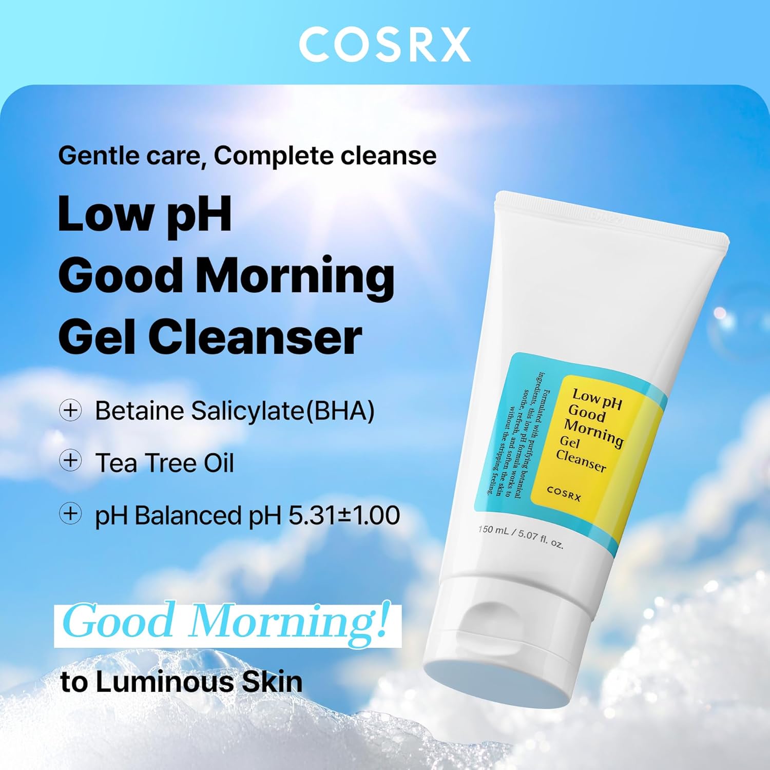 COSRX Low pH Good Morning Gel Face Cleanser, 5.07 fl oz, BHA Face Wash, Daily Mild Face Cleanser for Sensitive Skin, PH Balancing, Korean Skin Care, Korean Face Wash