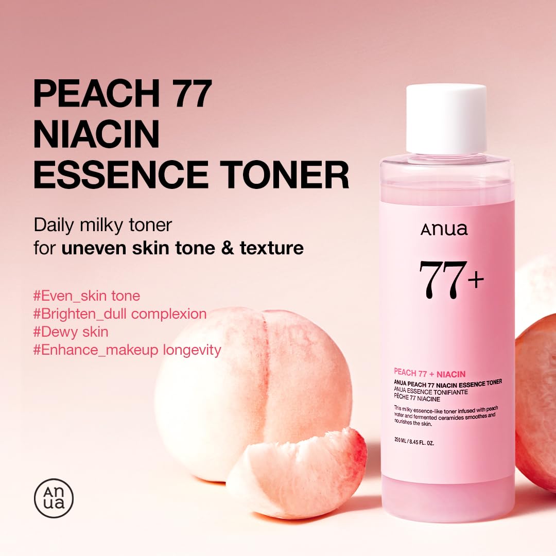 Anua Peach 77 Niacin Essence Toner, Gentle Exfoliating & Radiant Facial Essence, Hydrating & Soothing Toner, Niacinamide, Ceramide, Panthenol, Makeup Prep for Glass Skin, Korean Skincare, 8.45 fl oz