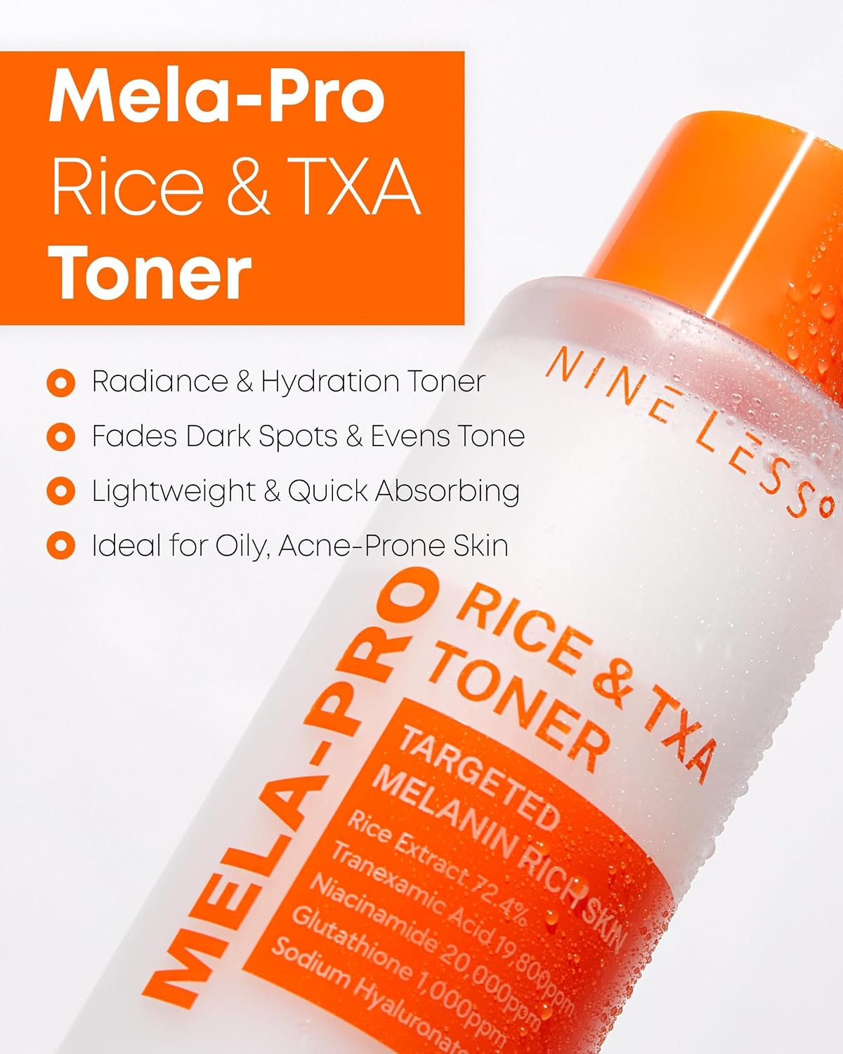 NINELESS Mela-Pro Rice & TXA Toner - Niacinamide and Glutathione - Soothing & Moisturizing - Korean Skincare, 6.76 fl.oz
