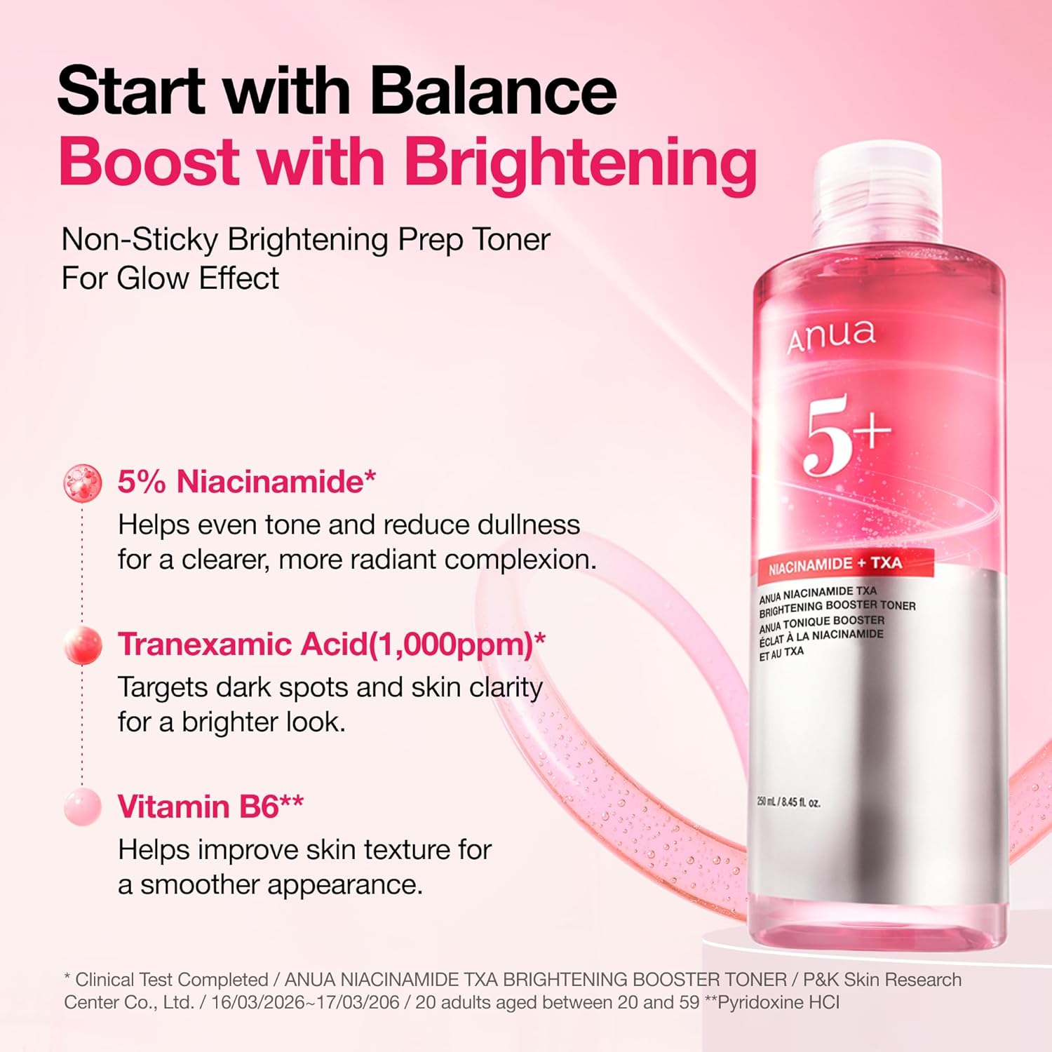Anua Niacinamide Tranexamic Acid Brightening Booster Toner, Lightweight Pink Essence Toner for Dark Spot Care, Glow & Skin Clarity, Korean Skincare, 8.45 fl oz