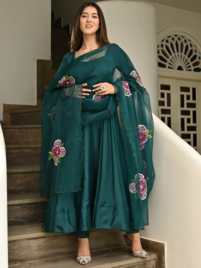 Green Silk Embroidered Anarkali Suit