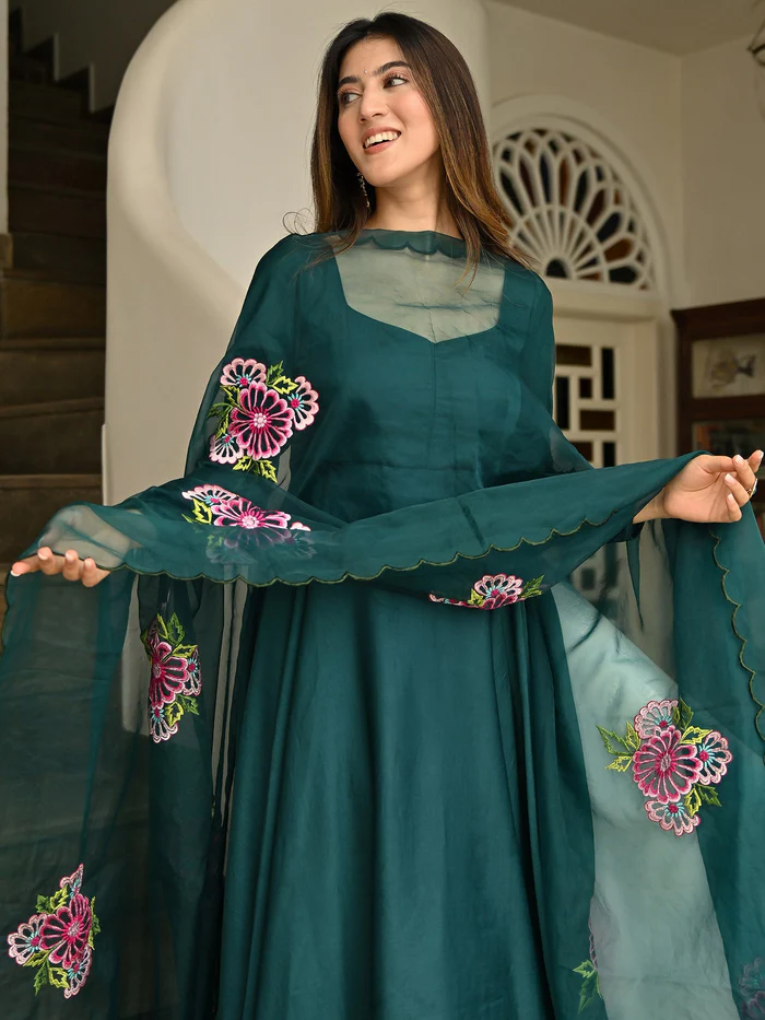 Green Silk Embroidered Anarkali Suit