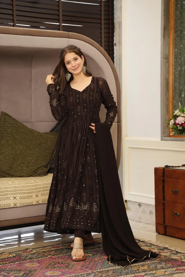 Brown Embroidered Georgette Suit Set