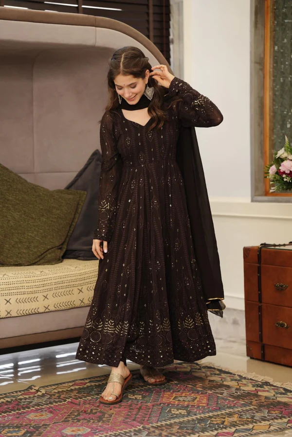 Brown Embroidered Georgette Suit Set