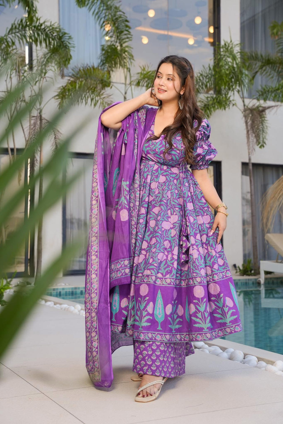 Elegant Purple Cotton Anarkali Suit Set 