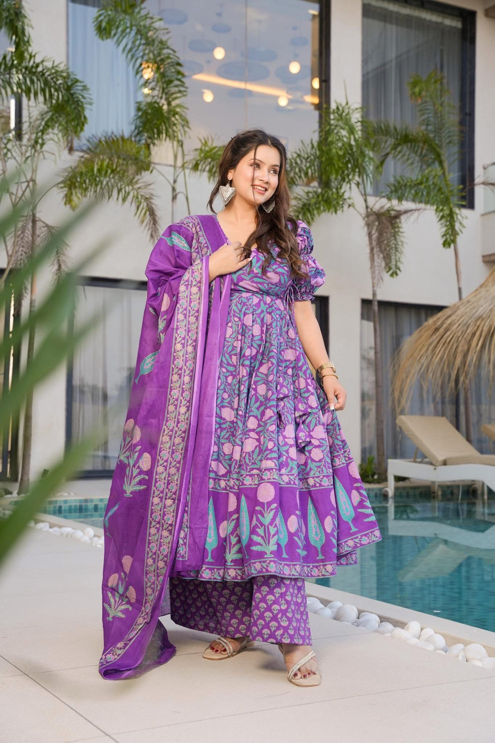 Elegant Purple Cotton Anarkali Suit Set 