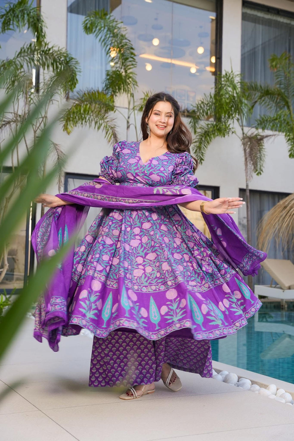 Elegant Purple Cotton Anarkali Suit Set 