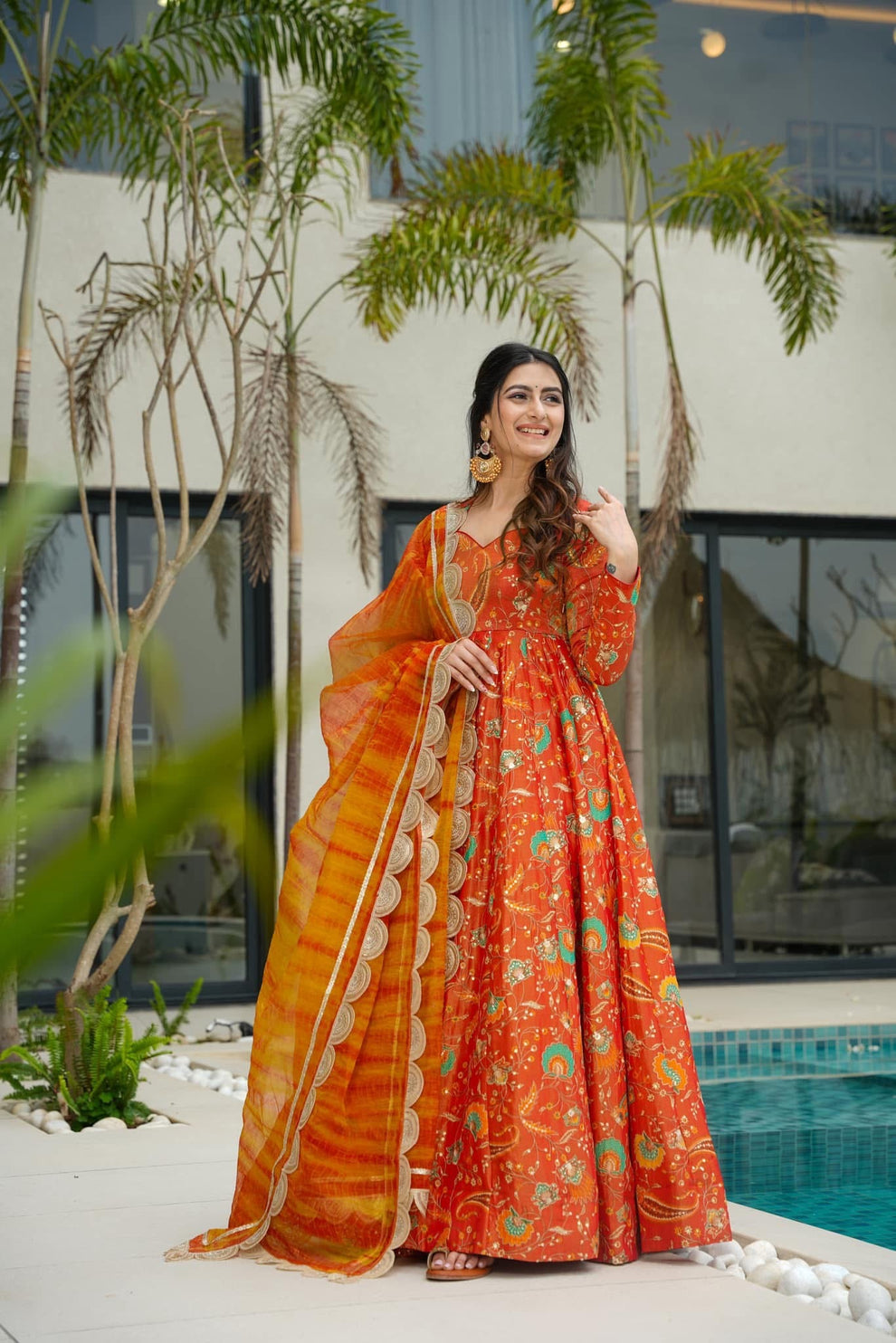 Traditional Orange Anarkali Gown set 
