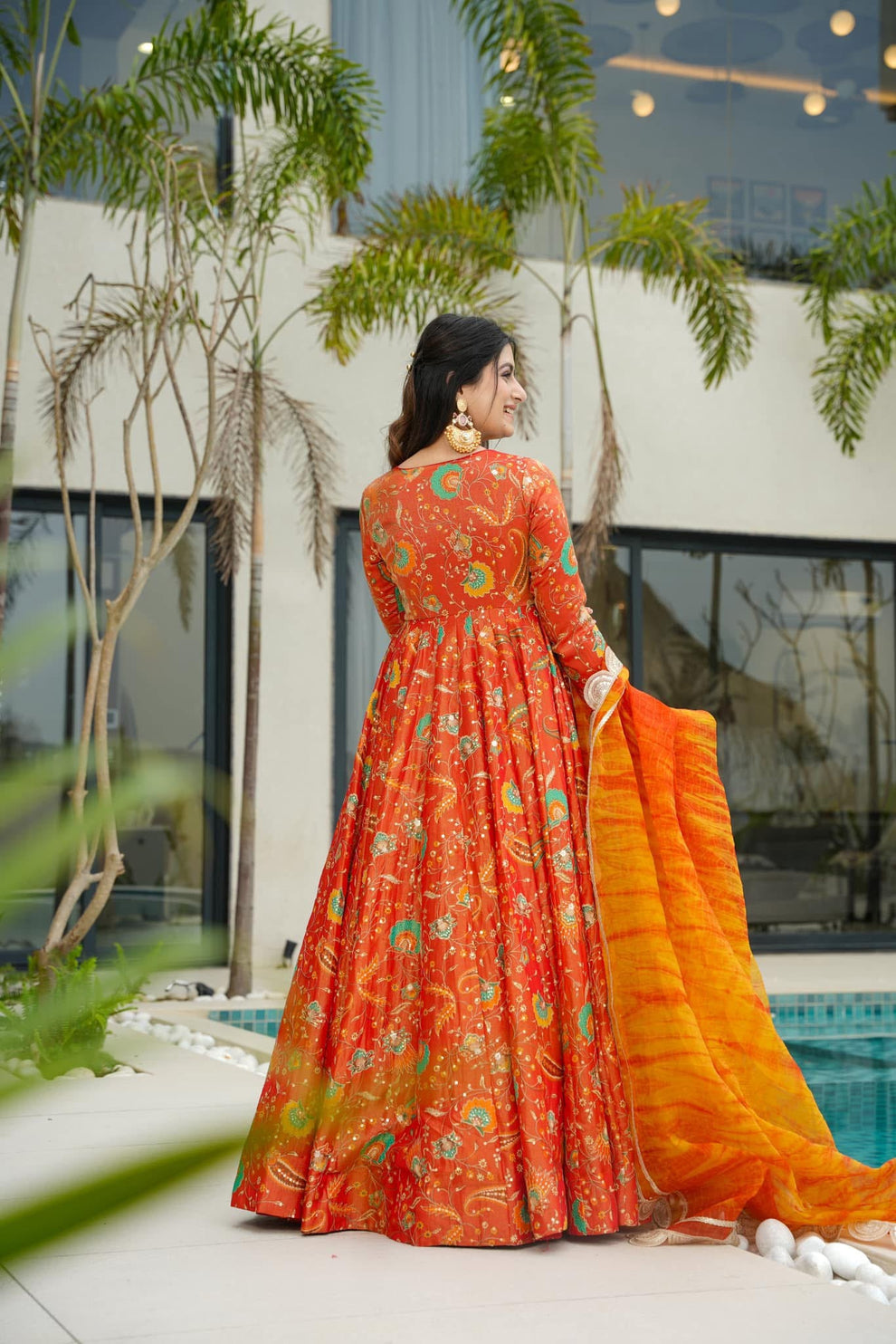 Traditional Orange Anarkali Gown set 