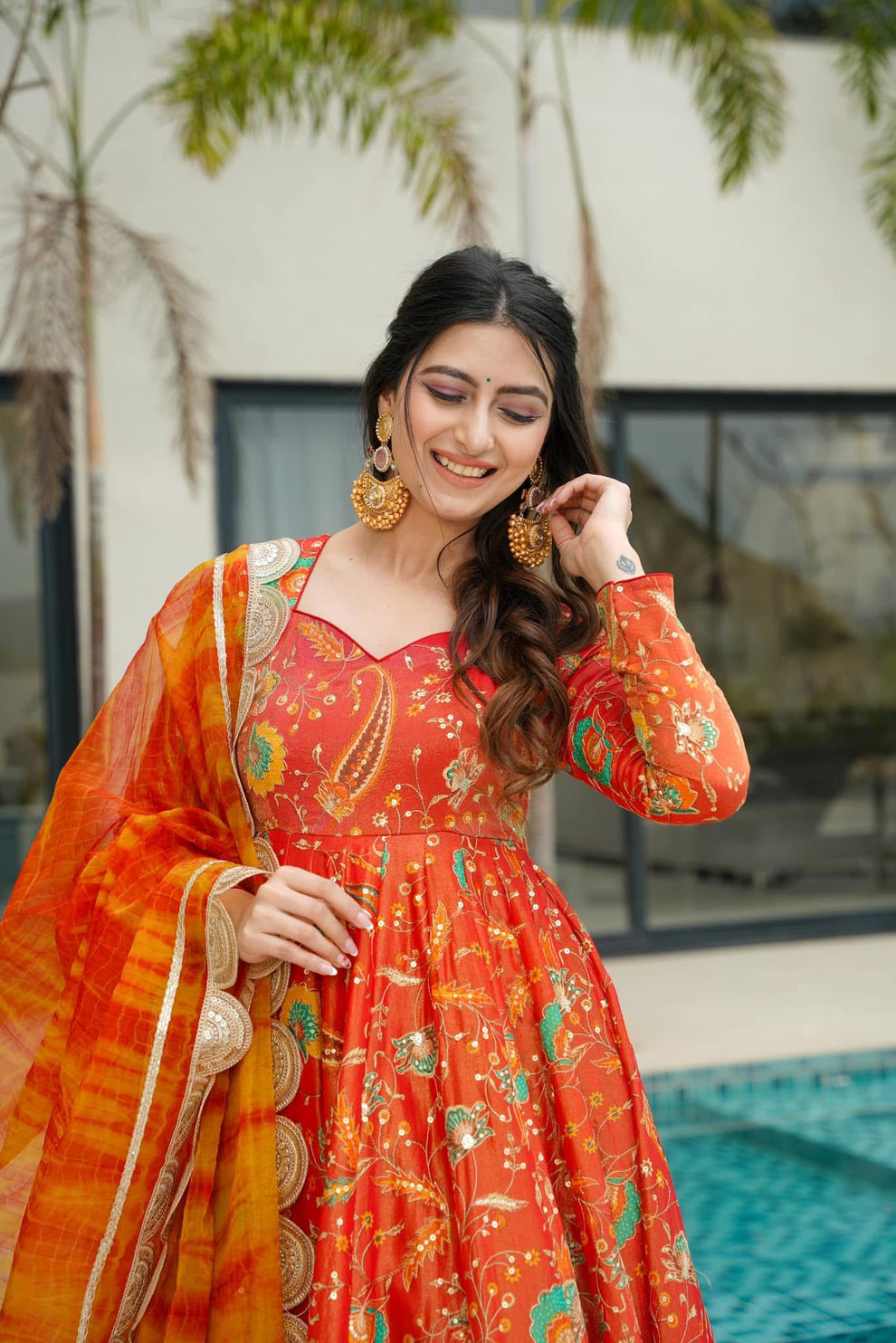Traditional Orange Anarkali Gown set 